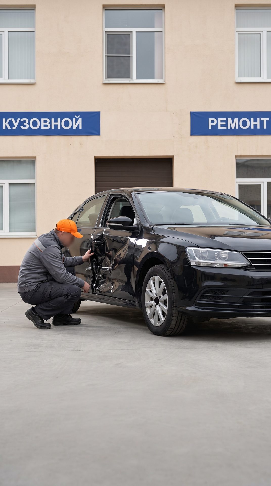 Мастер у автомобиля в цеху, реальное фото